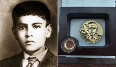Photograph of San José Sánchez del Río as a child and of the saint's first-class relic, preserved in a reliquary.