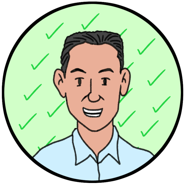 Illustration of a smiling man with short dark hair, wearing a light blue shirt, set against a green background with check marks.