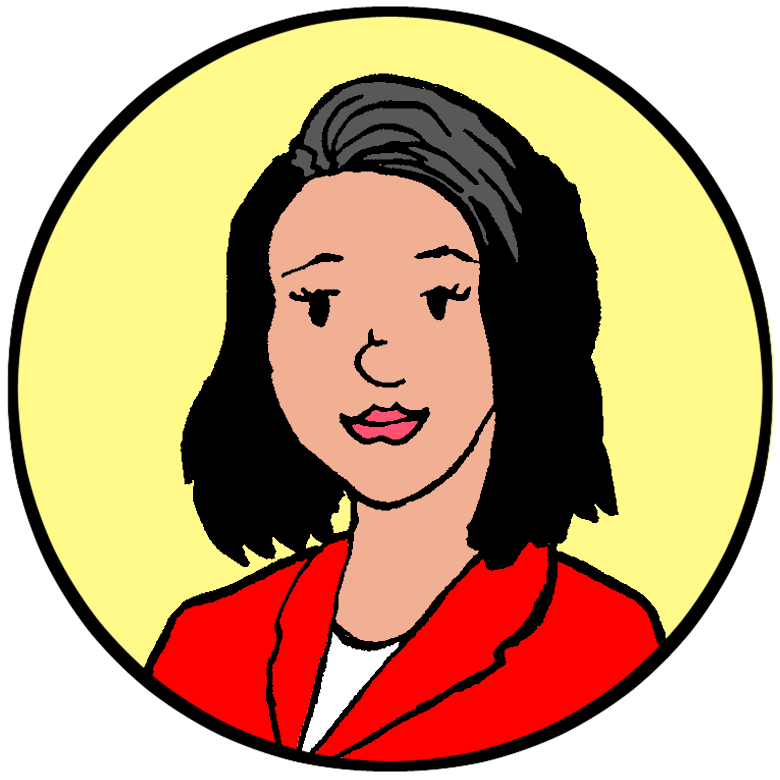 Illustration of a woman with medium-length black hair, wearing a red blazer and white shirt, shown against a yellow circular background.