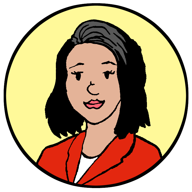 Illustration of a woman with medium-length black hair, wearing a red blazer and white shirt, shown inside a yellow circle.
