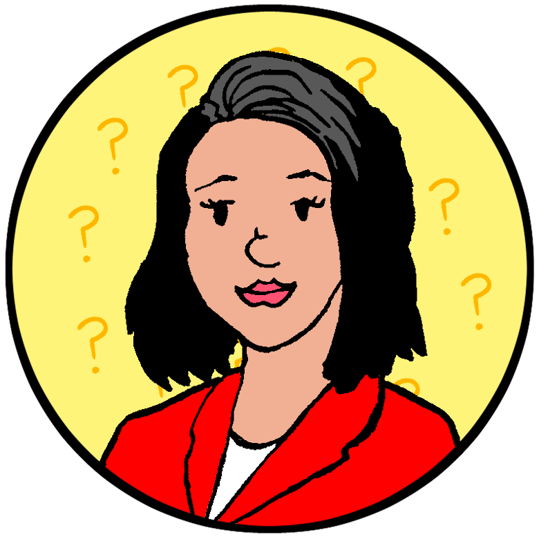Illustration of a woman with dark hair wearing a red blazer, shown on a yellow background with question marks.