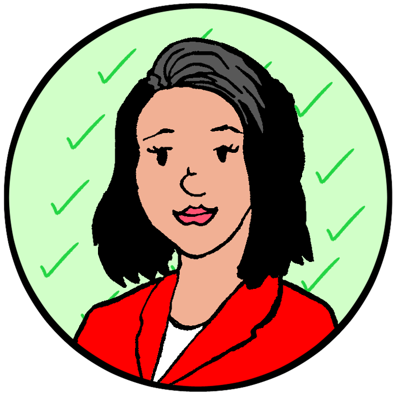 Illustration of a woman with medium-length black hair, wearing a red blazer, against a light green background with checkmarks.