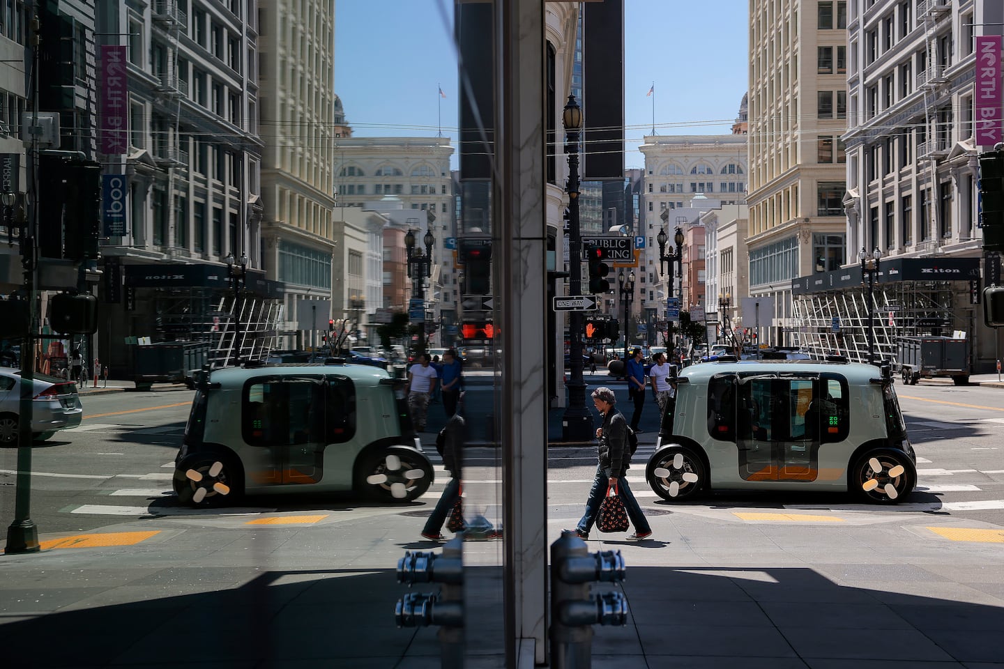 An Amazon-owned Zoox driverless robotaxi negotiated a street earlier this month in San Francisco.