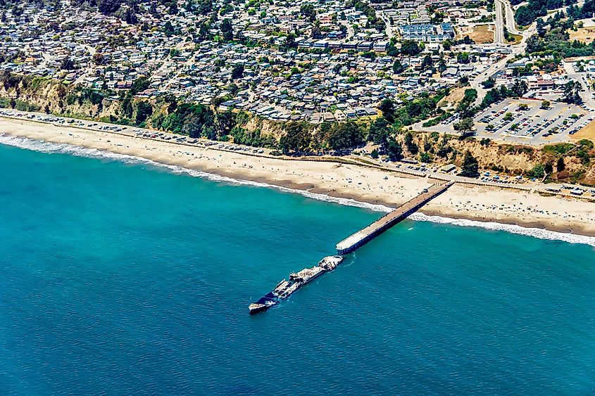 The half-sunk concrete ship SS Palo Alto off Seacliff State Beach in Aptos, California.