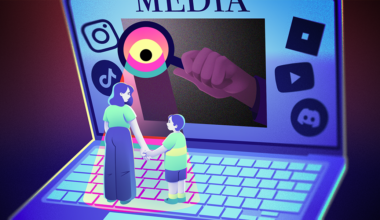 A concerned parent and child stand on a large laptop keyboard, while a shadowy hand reaches out