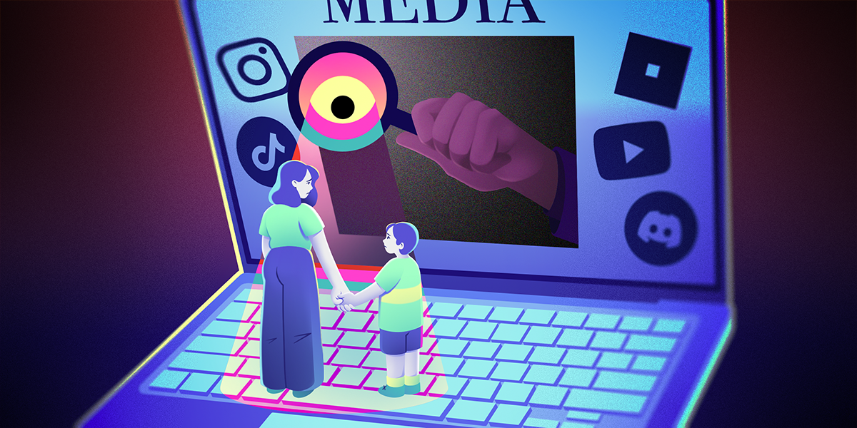A concerned parent and child stand on a large laptop keyboard, while a shadowy hand reaches out