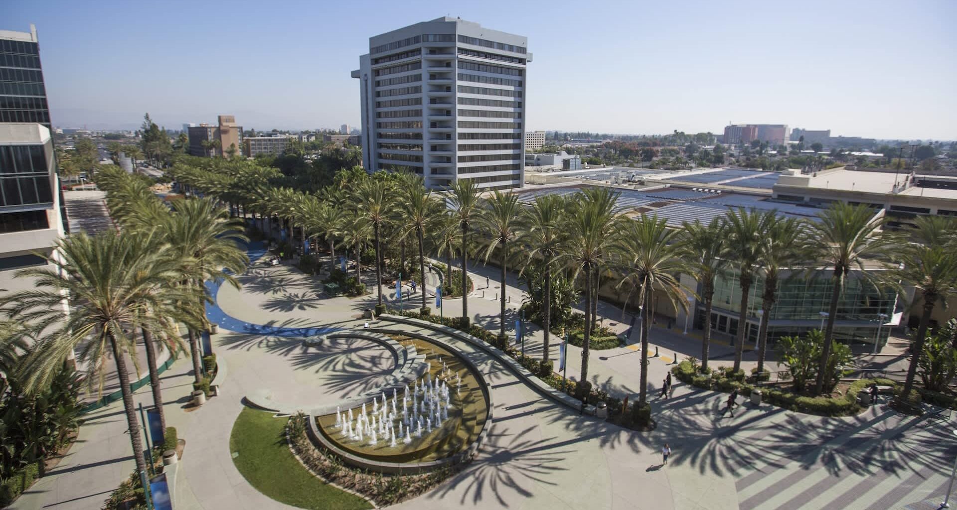 A view of a landscaped plaza with palm trees and a fountain, surrounded by modern buildings.