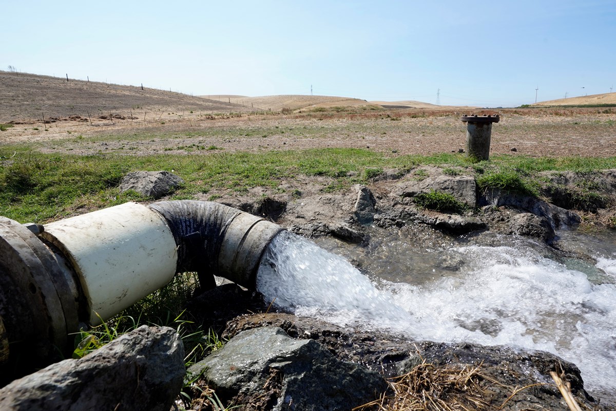 Well water flows from pumps into a canal that will be used to irrigate a vineyard, Monday, July 25, 2022, in Rio Vista, Calif.
