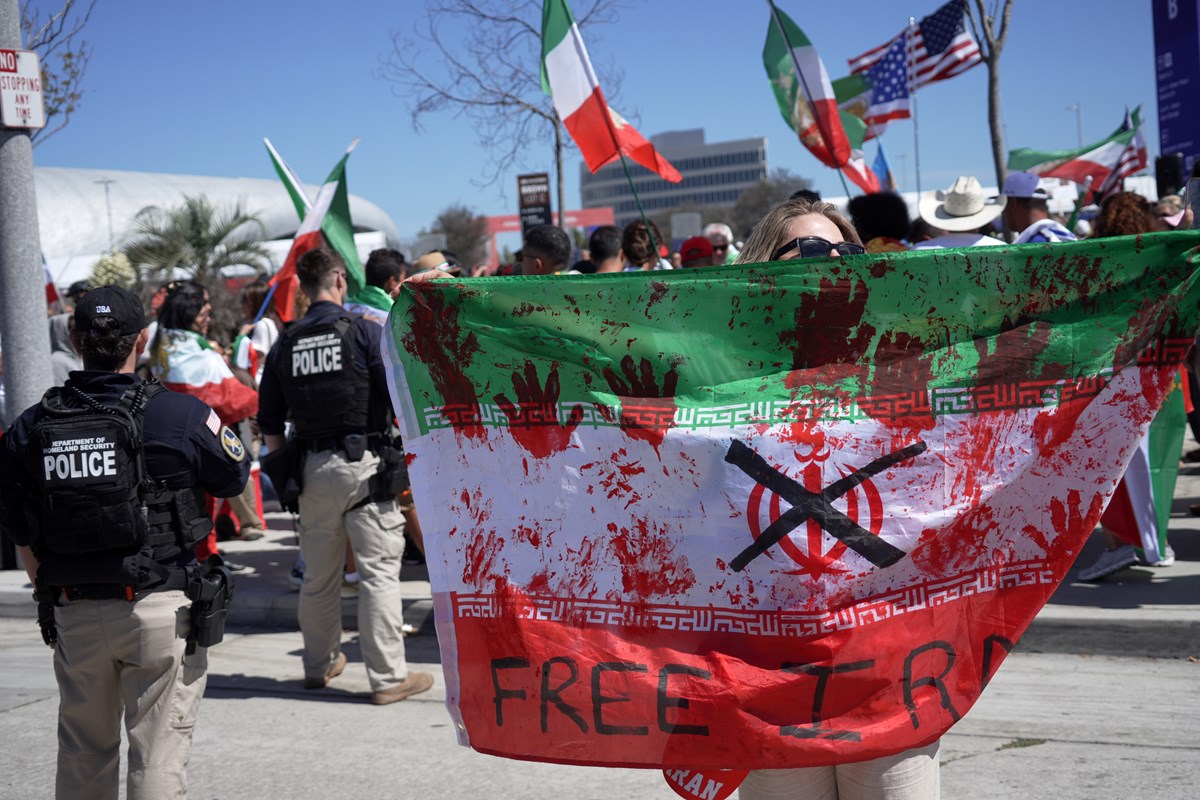 Anti-Iranian regime demonstrators protest outside of the World Cup Group G soccer match between Belgium and Iran in Inglewood, Calif., near Los Angeles, Sunday, June 21, 2026.