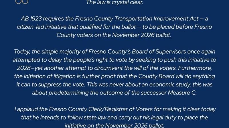 Fresno County supervisors move to sue state over AB 1923, as tax measure heads to ballot. (Photo: Assemblymember Esmeralda Soria)