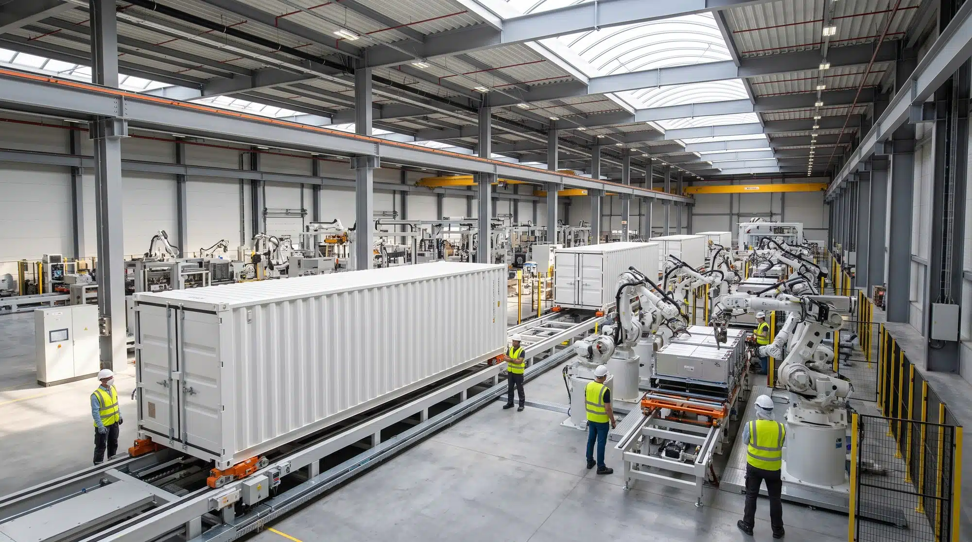 Modern battery manufacturing facility with automated assembly line producing grid-scale storage containers