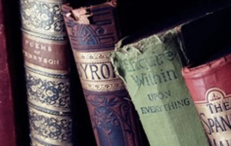 faded book spines leaning against one another