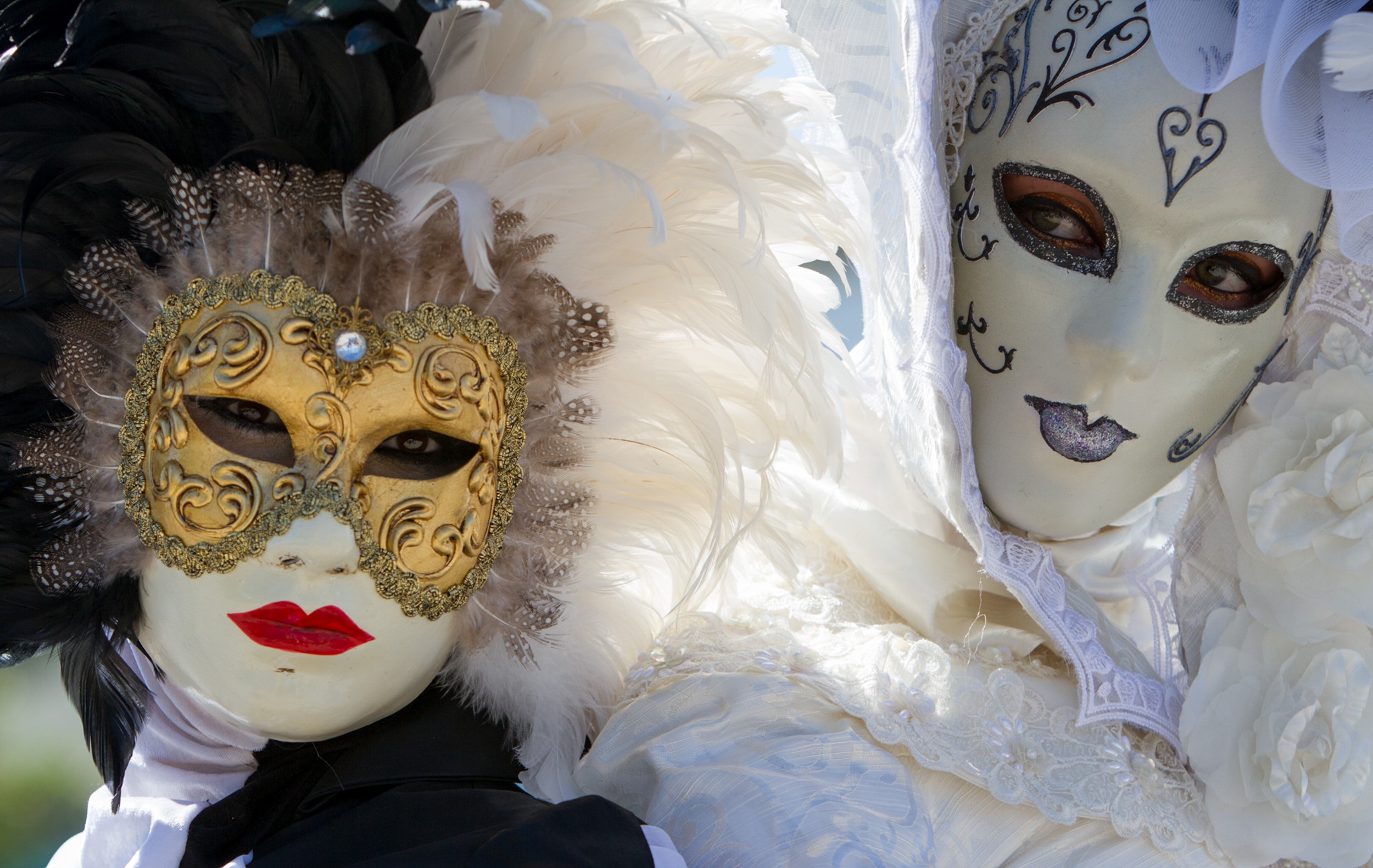 Two people wearing elaborate masks and costumes, one with a gold mask and black hair, the other with a white mask and white costume.