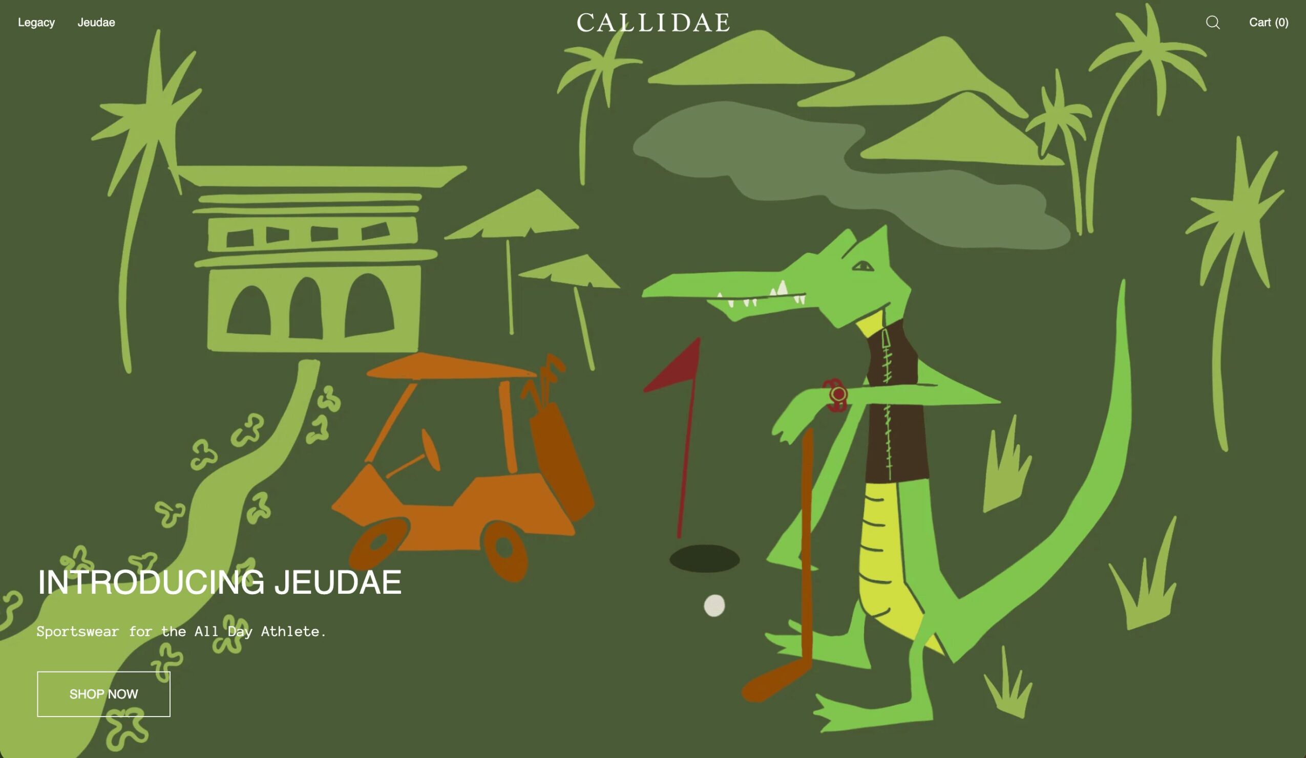 Illustration of a crocodile holding a golf club near a golf cart, with trees and a building in the background.