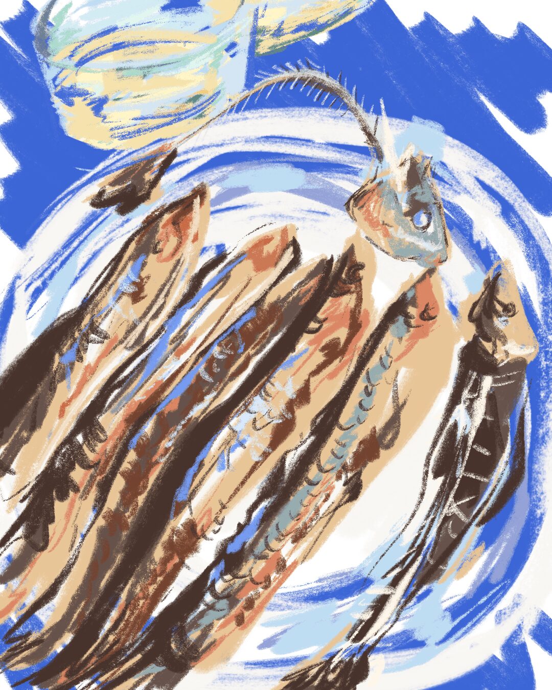 A hand holding a fishing line with a fish on the hook, surrounded by blue and white swirling background.
