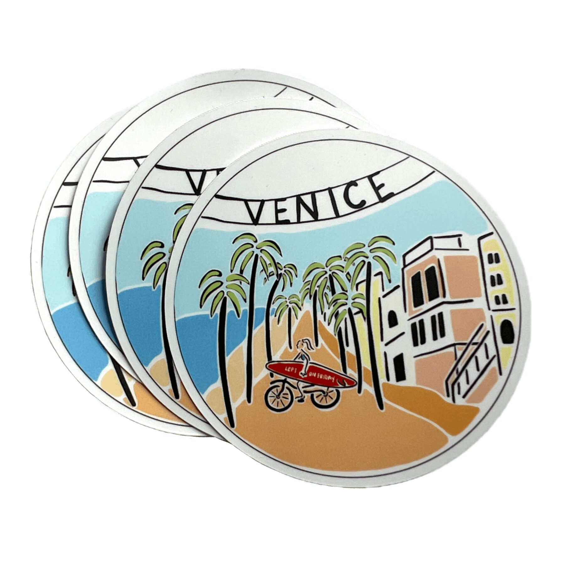 Circular stickers depicting Venice beach scene with palm trees, bicycle, and buildings, with 'Venice' banner at top.