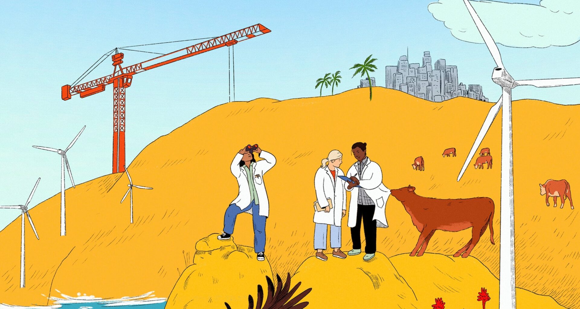 Illustration of scientists studying a California coastline.