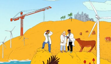 Illustration of scientists studying a California coastline.