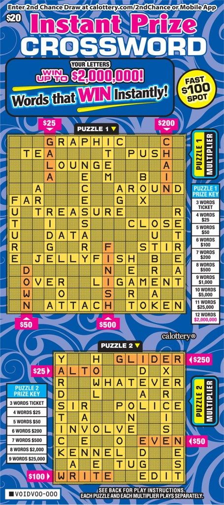 A California Lottery Instant Prize Crossword scratch-off ticket.