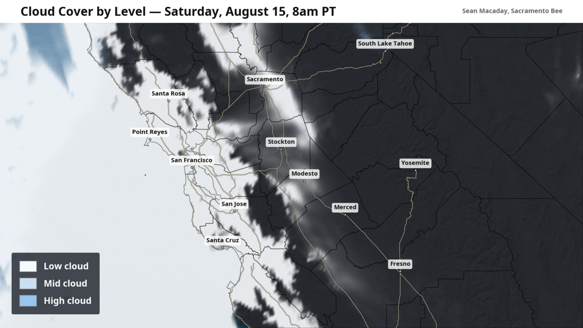 Forecast cloud cover the morning of Saturday, Aug. 15. Some marine layer fog could make its way into the Central Valley in the early morning.