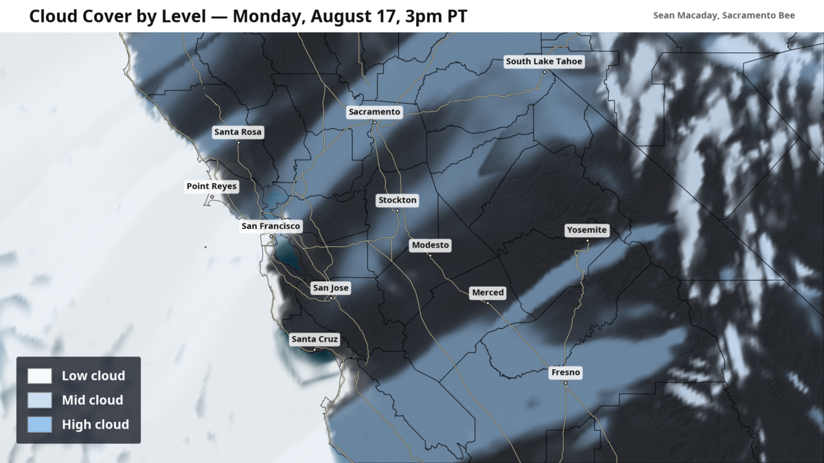Forecast cloud cover on Monday. Wispy high clouds are streaking across California from the southwest.