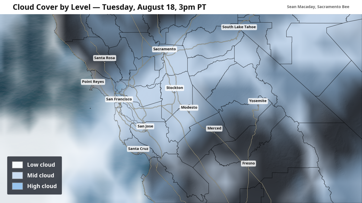 Forecast cloud cover on Tuesday. Middle and high clouds are overspread much of Central California. Forecast cloud cover on Tuesday. Middle and high clouds are overspread much of Central California.
