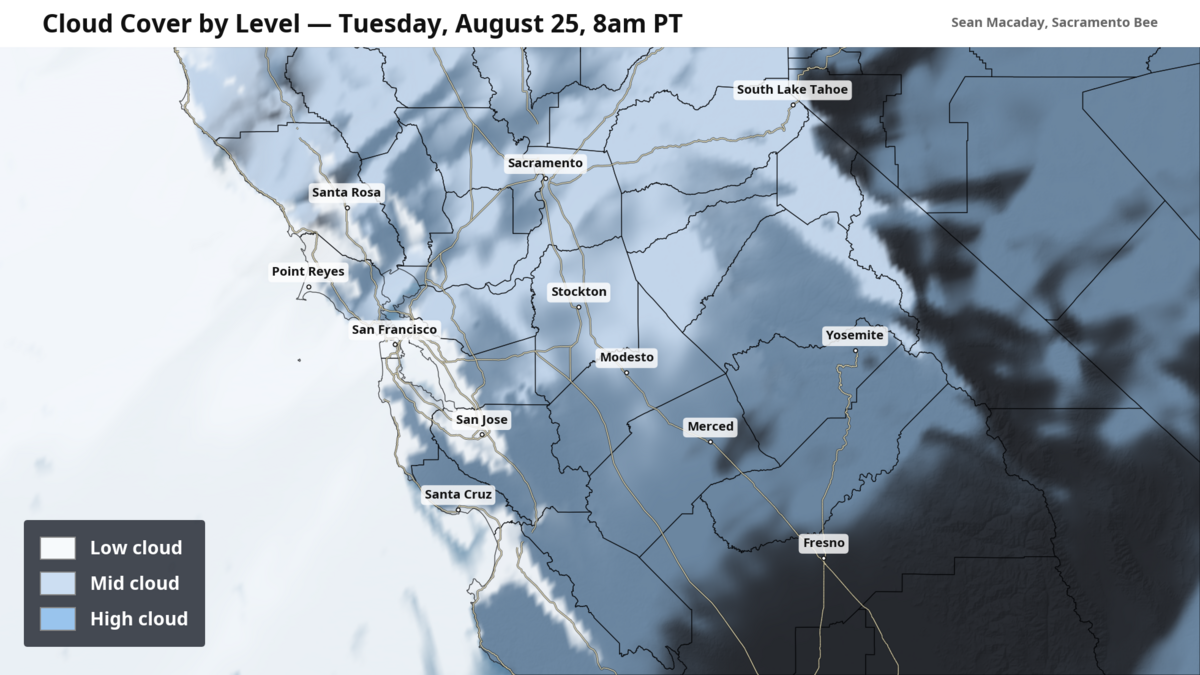 Forecast cloud cover Tuesday. Wispy clouds stretch over Central California.