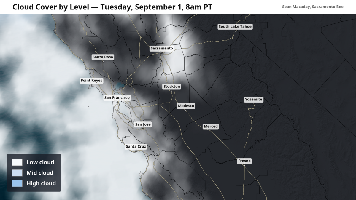Low level marine layer clouds will infiltrate the Central Valley Tuesday morning near Sacramento and Stockton, thanks to a boosted Delta breeze.