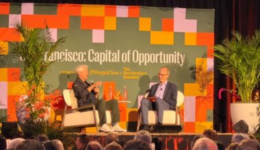 JPMorganChase Chairman and CEO Jamie Dimon, left, speaks during “San Francisco: Capital of Opportunity,” an event presented by JPMorganChase and The San Francisco Standard. Photo courtesy of JPMorganChase.