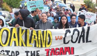 ‘No On Coal’ demonstrators protest the use of the Port of Oakland as a terminal to ship coal overseas. File photo.