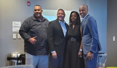 At SpringHill Suites by Marriott Oakland Airport, AASEG President Ray Bobbitt with Loop Capital Vice President Al Dinwiddie, OAACC President Cathy Adams, and Loop Capital President James “Jim” Reynolds, Jr. Photo by Carla Thomas.