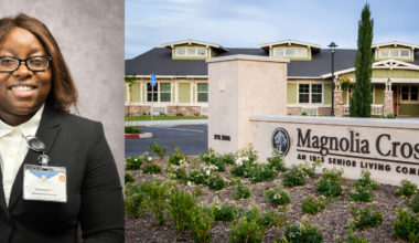 woman's headshot composite with a senior living facility exterior