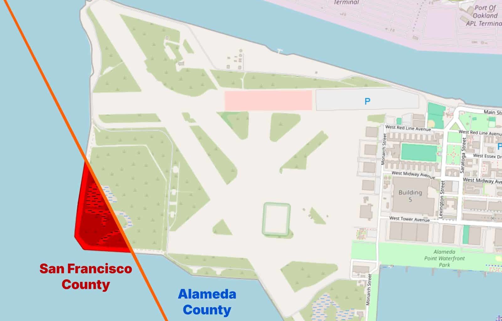 Alameda post - A map of the county lines in Alameda. San Francisco County includes a small corner of Alameda Point.