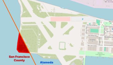 Alameda post - A map of the county lines in Alameda. San Francisco County includes a small corner of Alameda Point.