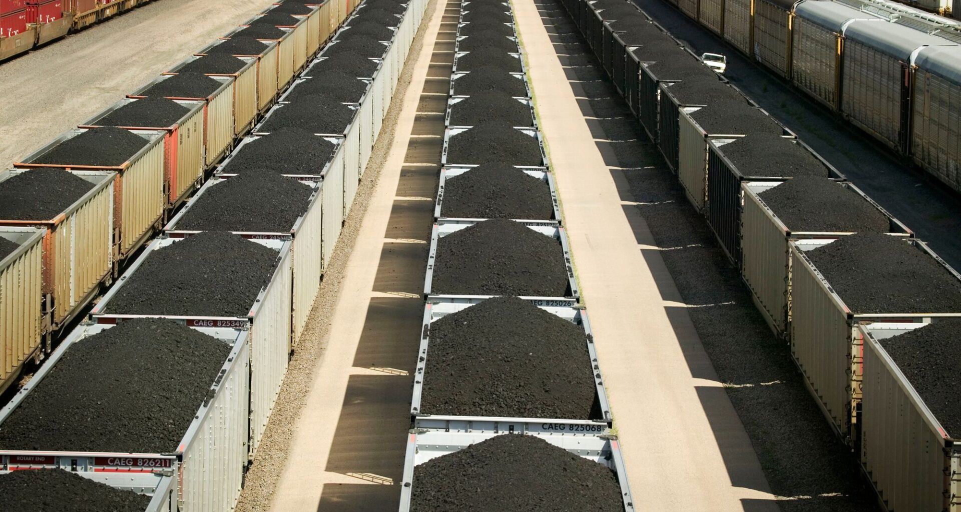 Elevated view of freight cars with coal in Nebraska, North Platte.