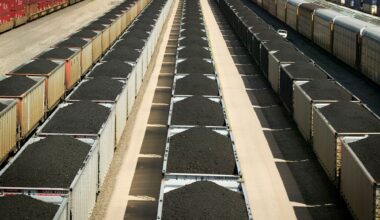 Elevated view of freight cars with coal in Nebraska, North Platte.