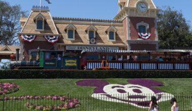 Disneyland ticket booths in the East Esplanade near the Harbor Boulevard entrance in Anaheim, California.