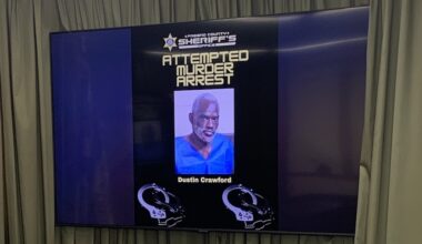 man's mugshot on a television screen