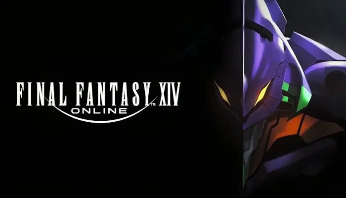 Final Fantasy XIV Online logo next to a close-up profile of the purple Evangelion Unit-01 head