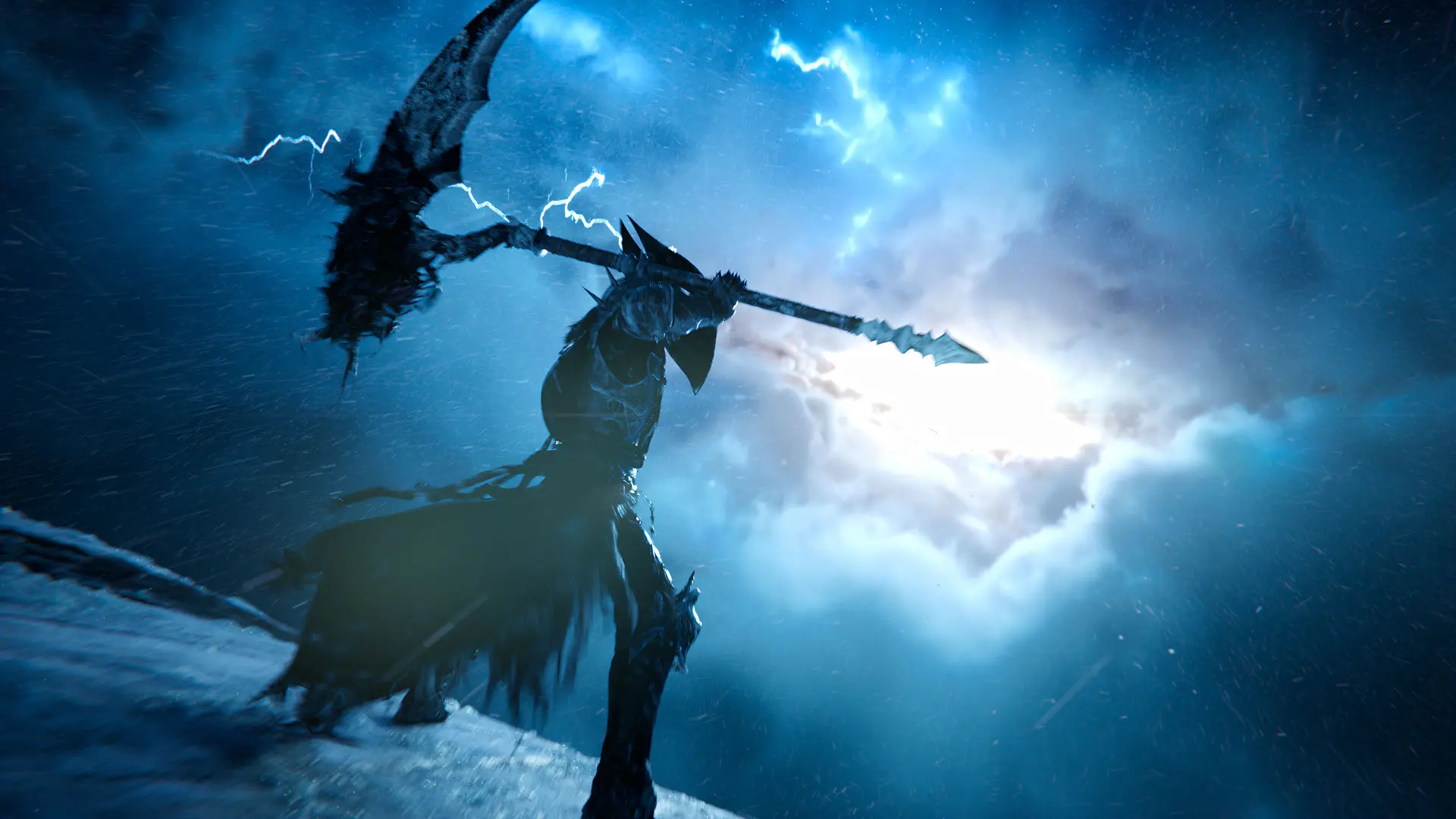 A dark armored figure holding a massive scythe amidst a blue stormy sky with lightning and snow.