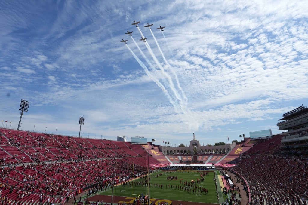 A general view of the Tiger Squadron flyover during the playing of the national anthem before the game between the Southern California Trojans and the San Jose State Spartans