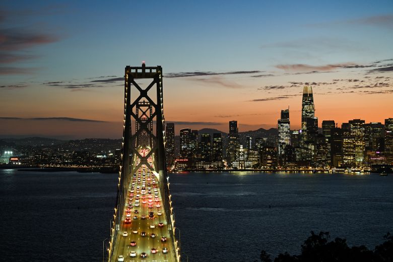 The Bay Bridge during sunset in San Francisco, California, on October 22, 2025.