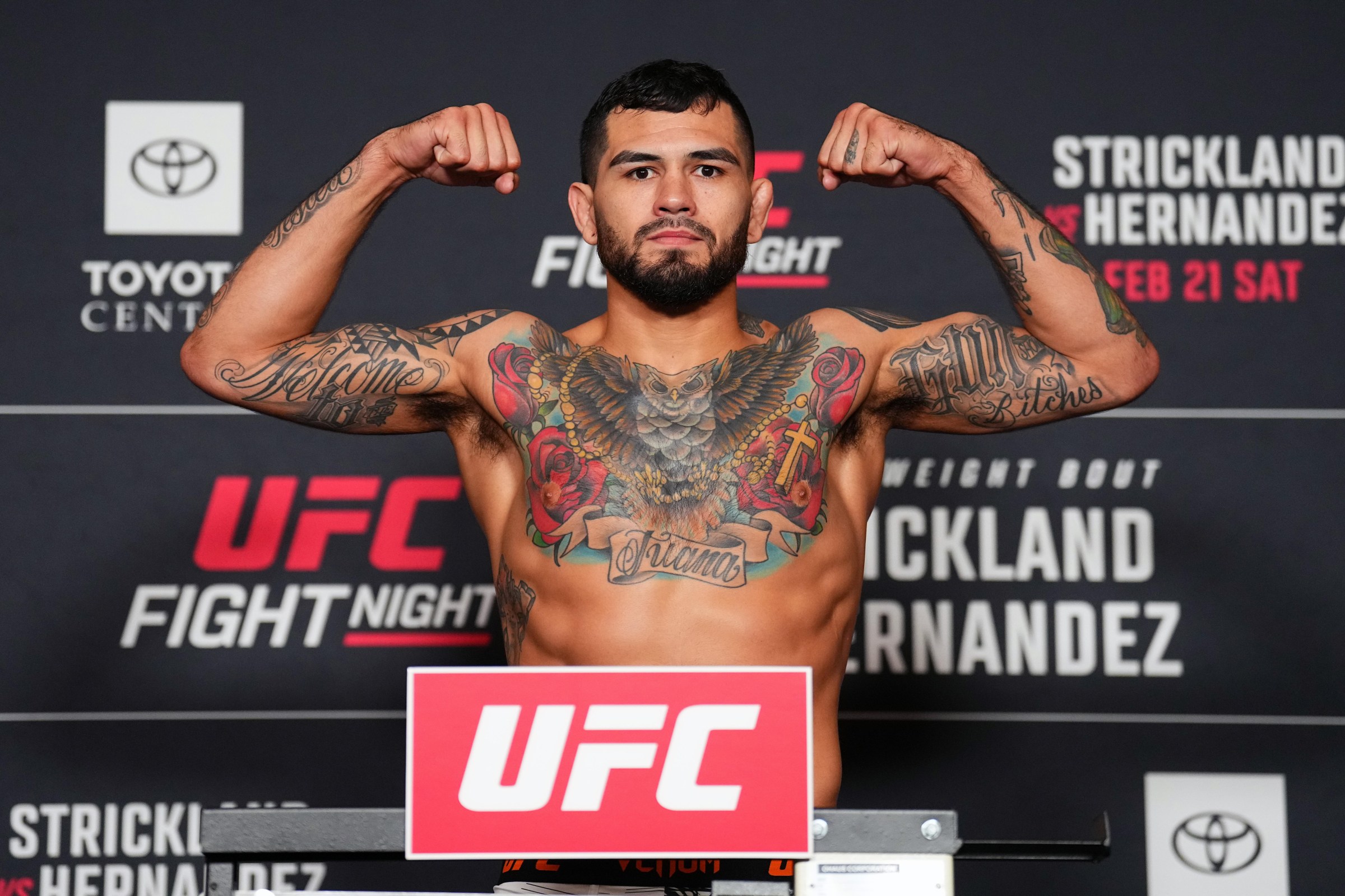 HOUSTON, TEXAS - FEBRUARY 20: Anthony Hernandez poses on the scale during the UFC Fight Night official weigh-in at the Westin Galleria Houston on February 20, 2026 in Houston, Texas. (Photo by Chris Unger/Zuffa LLC)