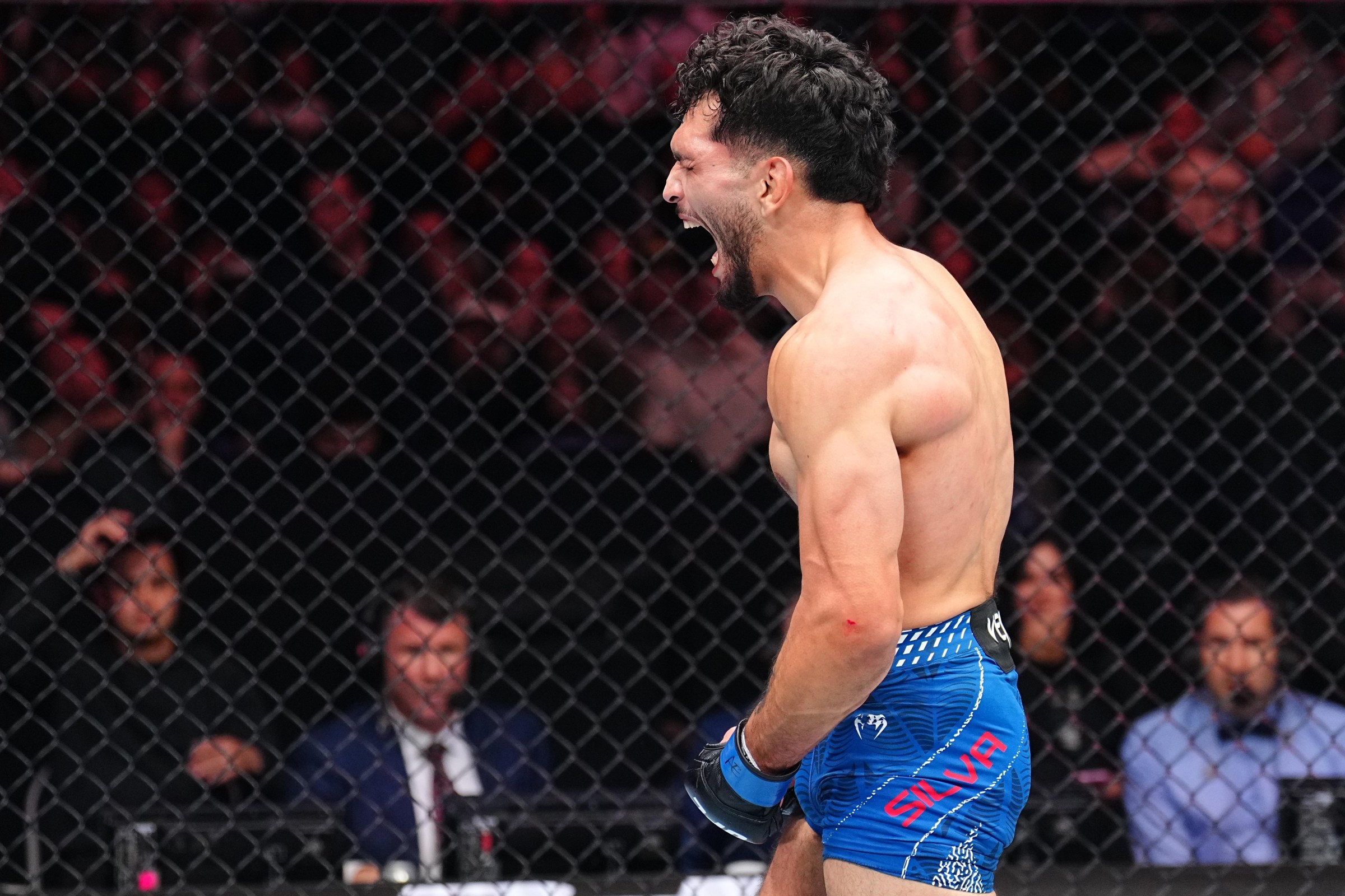 LONDON, ENGLAND - MARCH 21: Danny Silva reacts after a knockout victory against Kurtis Campbell of England in a featherweight fight during the UFC Fight Night event at The O2 on March 21, 2026 in London, England. (Photo by Chris Unger/Zuffa LLC)