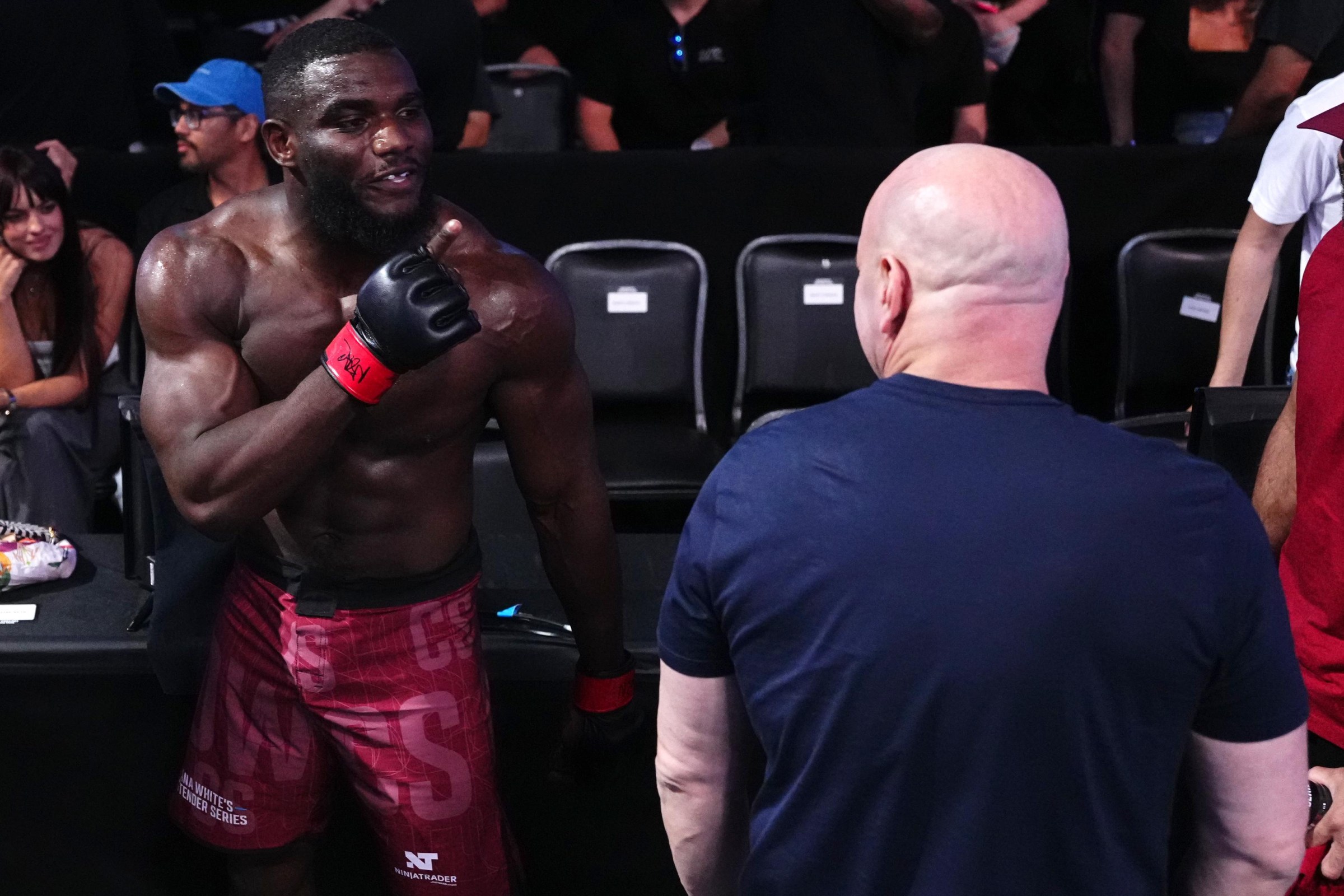 LAS VEGAS, NEVADA - AUGUST 11: Anthony Wint speaks with UFC President and CEO Dana White after a victory against Matt Adams in a heavyweight fight during Dana White’s Contender Series Season 10, Week 1 at Meta APEX on August 11, 2026 in Las Vegas, Nevada. (Photo by Jeff Bottari/Zuffa LLC)