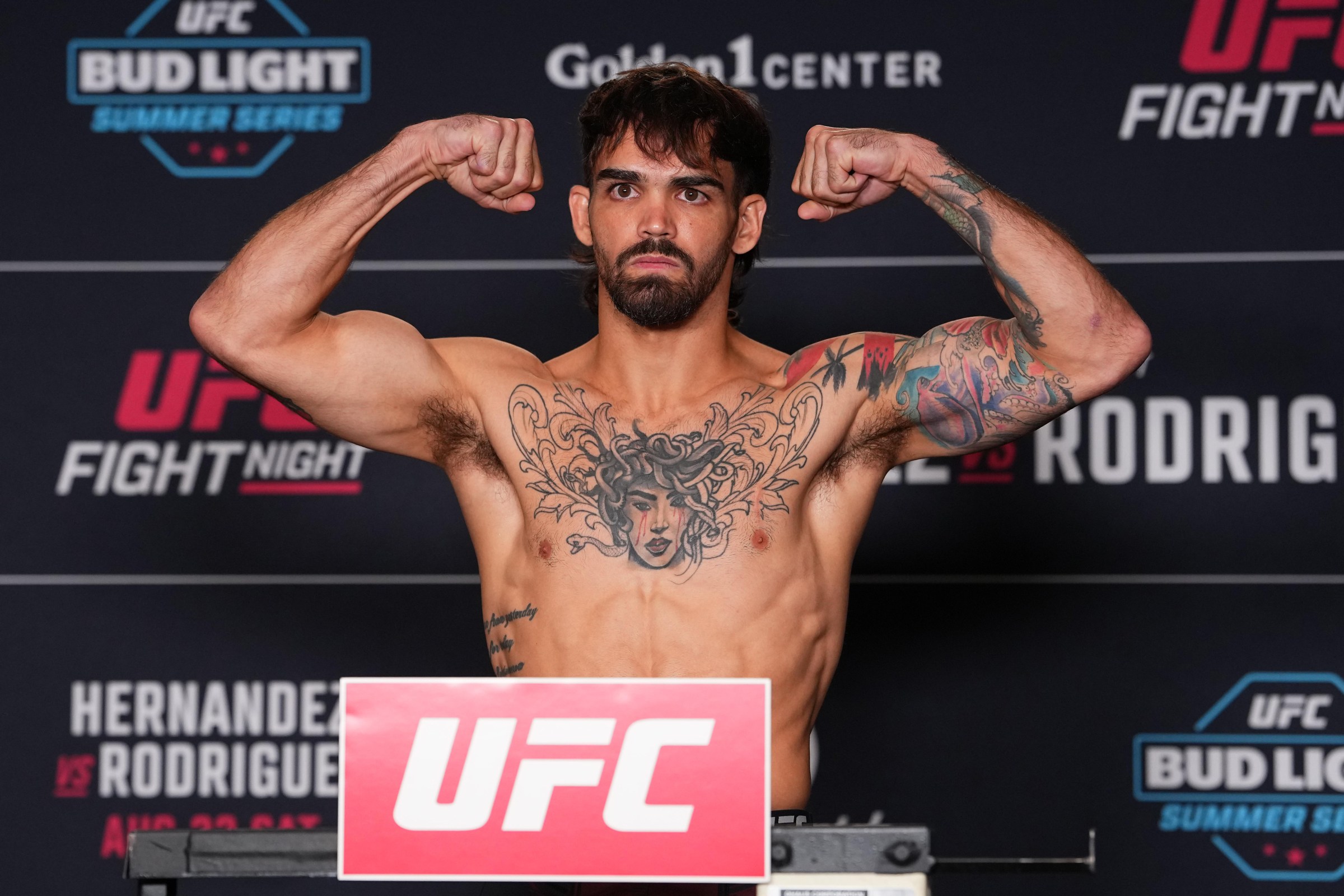 SACRAMENTO, CALIFORNIA - AUGUST 21: Ryan Kuse poses on the scale during the UFC Fight Night official weigh-in at the Holiday Inn Sacramento Downtown – Arena on August 21, 2026 in Sacramento, California. (Photo by Jeff Bottari/Zuffa LLC)