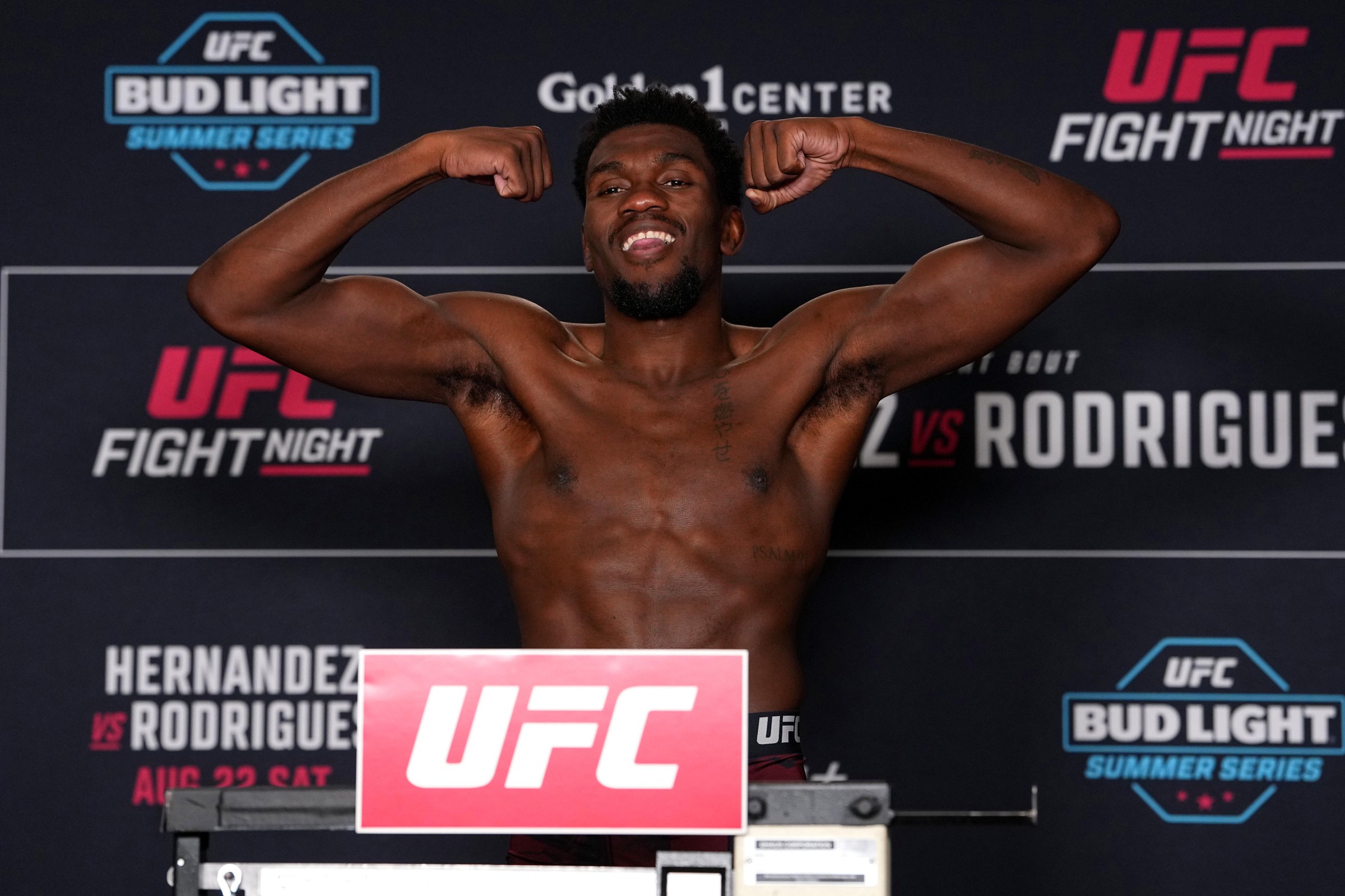 SACRAMENTO, CALIFORNIA - AUGUST 21: Stan Dorsainvil poses on the scale during the UFC Fight Night official weigh-in at the Holiday Inn Sacramento Downtown – Arena on August 21, 2026 in Sacramento, California. (Photo by Jeff Bottari/Zuffa LLC)