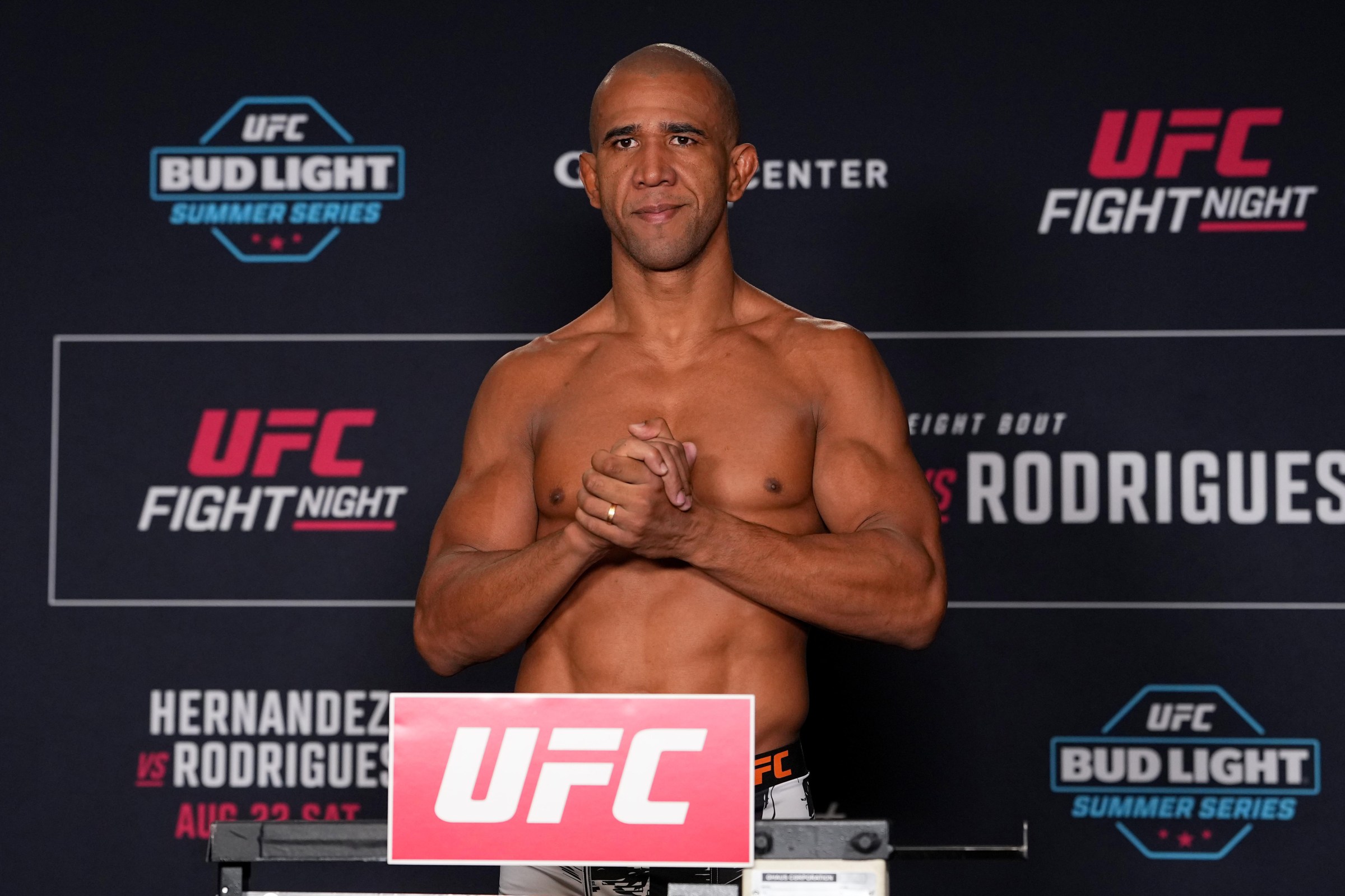 SACRAMENTO, CALIFORNIA - AUGUST 21: Gregory Rodrigues of Brazil poses on the scale during the UFC Fight Night official weigh-in at the Holiday Inn Sacramento Downtown – Arena on August 21, 2026 in Sacramento, California. (Photo by Jeff Bottari/Zuffa LLC)