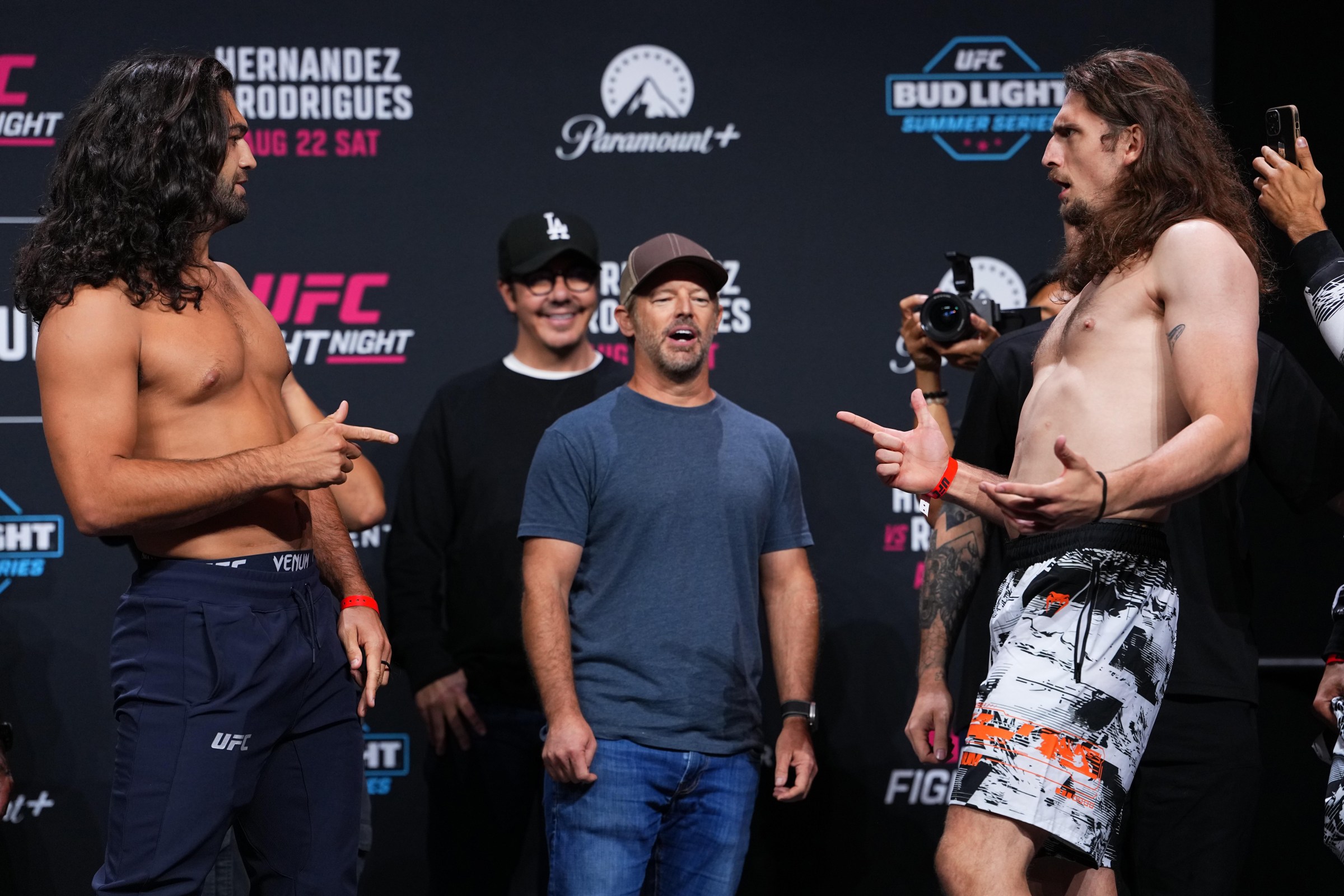 SACRAMENTO, CALIFORNIA - AUGUST 21: (L-R) Opponents Wes Schultz and Jackson McVey face off during the UFC Fight Night ceremonial weigh-in at Golden 1 Center on August 21, 2026 in Sacramento, California. (Photo by Jeff Bottari/Zuffa LLC)