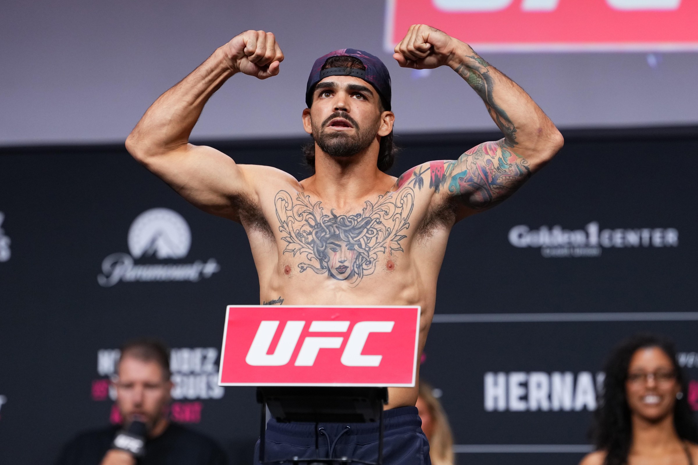 SACRAMENTO, CALIFORNIA - AUGUST 21: Ryan Kuse poses on the scale during the UFC Fight Night ceremonial weigh-in at Golden 1 Center on August 21, 2026 in Sacramento, California. (Photo by Jeff Bottari/Zuffa LLC)